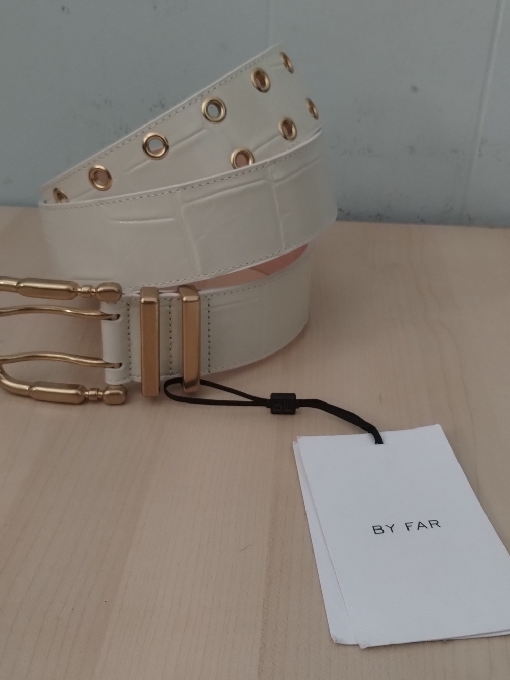 BY FAR Ivory Maxi Duo Cream Croco Embossed Leather Belt Gold Buckle Large 95cm